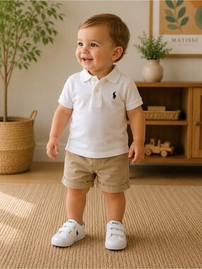 Ralph Lauren Toddler White Polo Shirt with Navy Logo